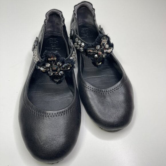 Tory Burch Minnie Embellished Black Nappa Leather Two Way Ballet Flats US Size 8 - Picture 6 of 13